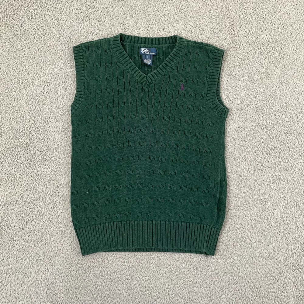 Polo Ralph Lauren Cable Knit Sweater Vest Boys L Green Preppy Cotton V-Neck
